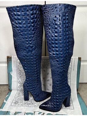 Shane Justin Reptile Boots Blue Crocodile Embossed Thigh High Woman's 36/5.5 EUC